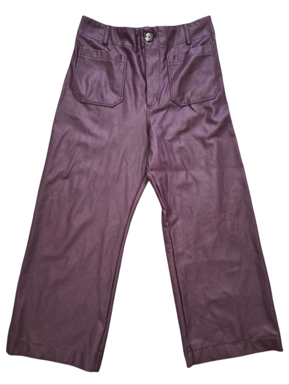 Maeve Anthropologie Colette Faux Leather Top-Stitch Cropped Wide Leg Pants Plum